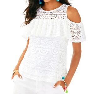 Lilly Pulitzer White Lace Cold Shoulder Ruffle Top Women’s L
